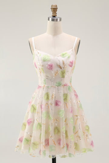 Apricot Floral Sequin A Line Mini Homecoming Dress